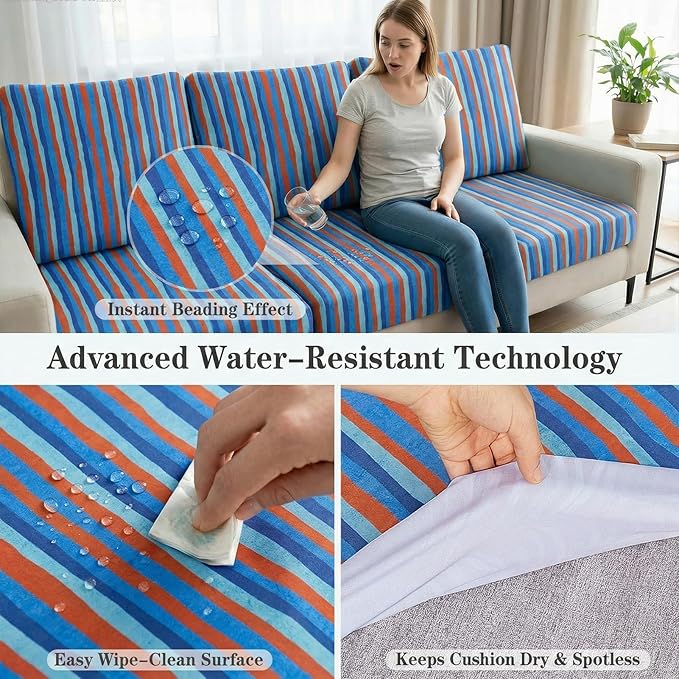 8 Pack Outdoor Cushion Covers Water Resistant High Stretch Fit Patio Cushion Covers 180g Couch Seat Slipcovers Machine Washable Pet & Kids Friendly Home Refresh 20-27 Inch, Teal Stripe