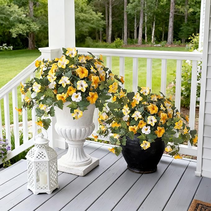 Ammyoo Artificial Fake Petunia Flowers for Outdoor Decoration, 2PCS Faux Silk Petunias Flower for Spring UV Resistant No Fade Realistic Plants for Garden Balcony Yard Porch Indoor Decor(Yellow White)