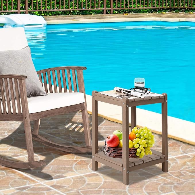 LZRS Adirondack Outdoor End Table, Pool Composite Patio Table,HDPE End Tables for Backyard,Pool, Indoor Companion, Easy Maintenance & Weather Resistant(Weathered Wood)