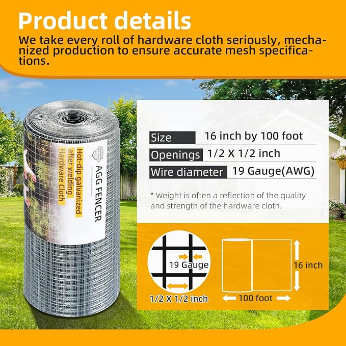 16inch x 100ft Hardware Cloth 1/2 inch Chicken Wire Fencing 19Ga, Hot Dipped Galvanized After Welding Garden Plant Supports Welded Metal Chicken Wire Fence Poultry Animal Netting Cage Screen