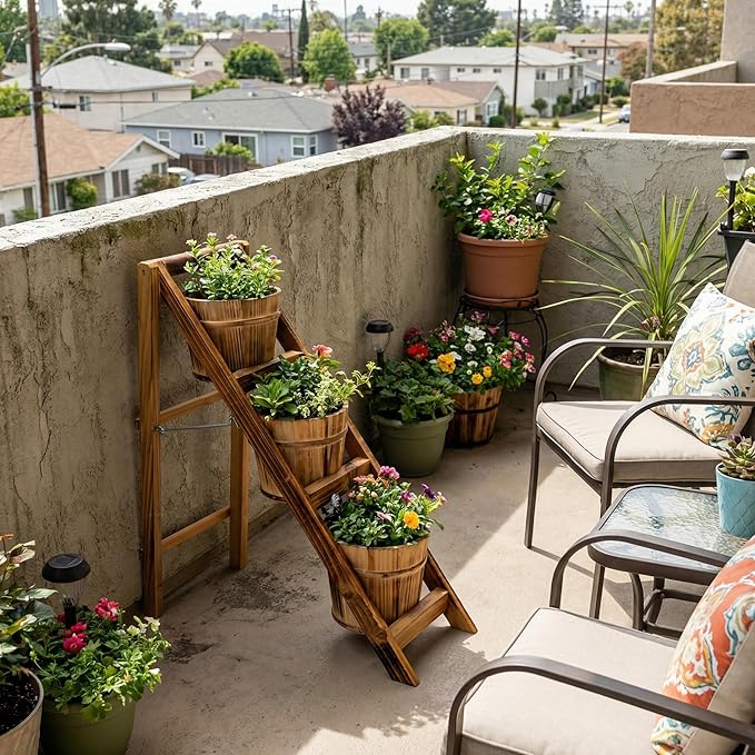 Rustic Foldable 3-Tier Wooden Planter - Space-Saving Vertical Plant Stand for Indoor/Outdoor (Patio, Balcony, Living Room)