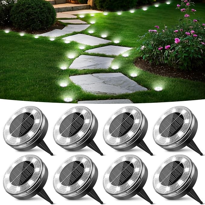 Peasur Mini Solar Ground Lights, 8 Pack Flat Solar Disc Lights Outdoor Waterproof, 2.3 Inch Small Solar Garden Lights Landscape Lighting for Outside Pathway Garden Yard Lawn Walkway,Cool White