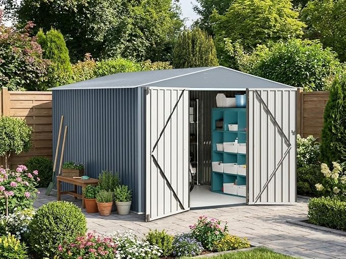 10x10 ft Metal Storage Shed, Outdoor Garden Tool Sheds with Sturdy Frame Structure, Large Metal Storage Shed with Lockable Door for Garden, Lawn, Backyard, Grey