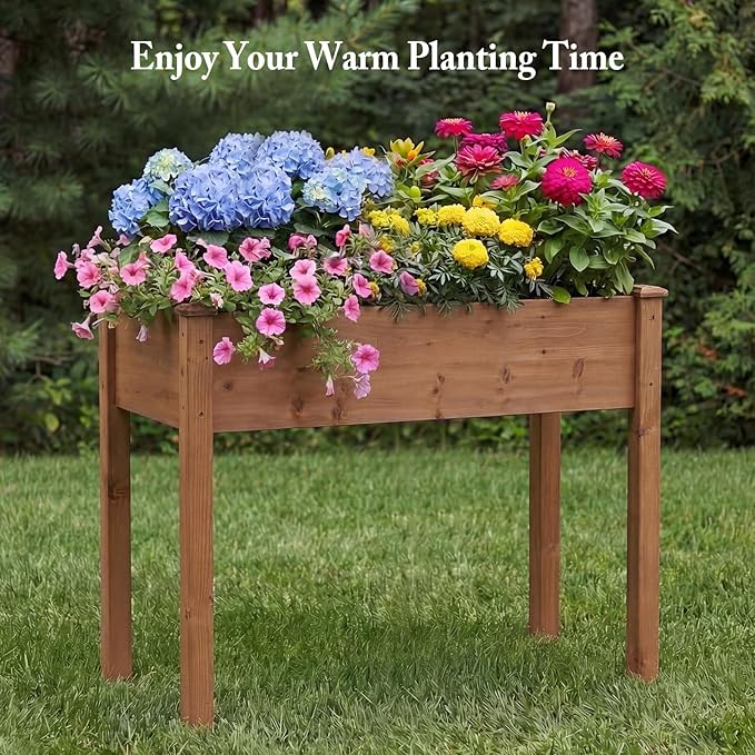 DUMOS Raised Garden Bed with Legs, 48x24x30 Inch Planter Box Outdoor with Liner for Herbs Flowers Vegetables, Elevated Wooden Garden Bed for Patio, Balcony and Backyard, Brown
