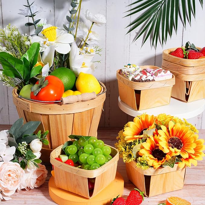 Leinuosen 9 Pcs Wooden Gift Basket Set, 3 Pcs 8 x 6. 3'' Bushel Bucket Portable Fruit Bucket and 6 Harvest Basket for Display Fruit Vegetable Garden Storage Container Farm Picnic Party Supplies