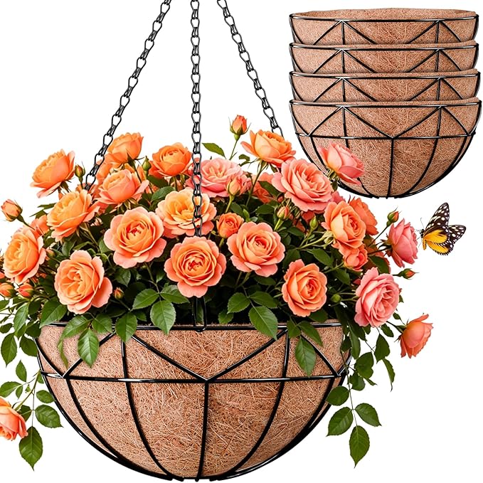 Halatool 4 Pack 16 Inch Hanging Baskets for Plants Outdoor- Metal Wire Hanging Garden Planters with Coco Liner for Outside, Empty Flower Holder Hanger Pot for Wall Patio Porch Balcony Decoration