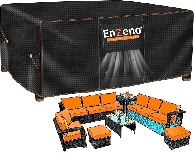Enzeno Garden Furniture Cover Waterproof,110"L x 81"W x 42"H Garden Table Cover Rectangular,420D Heavy Duty Oxford Polyester Outdoor Patio Set Covers Windproof,Anti-UV for Chair and Table