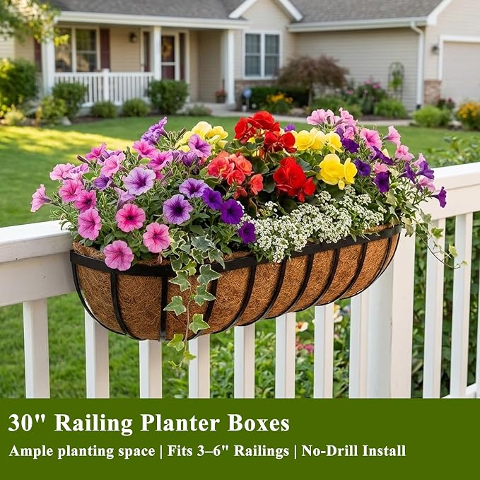 30 Inch Railing Planter Boxes 2 Pack Metal Window Box Planters with Coco Coir Liners, Horse Trough Planter with Adjustable Brackets for Deck Balcony Fence Porch Patio Outdoor Garden