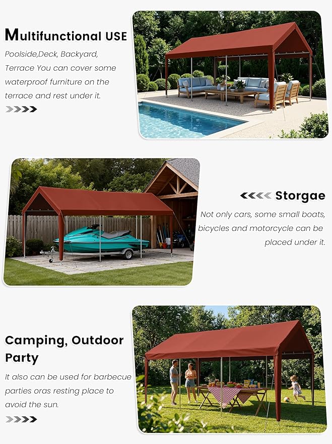 12 x 20 Ft Carport Replacement Cover, Heavy Duty Outdoor Car Tarp Canopy, Waterproof & UV Protected Tear Oxford Tarp with Ball Bungees (Frame is Not Included)