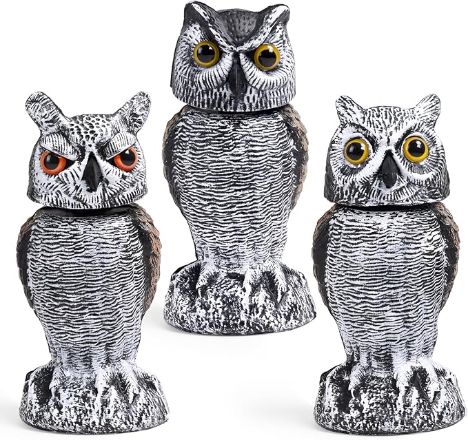 OFFO 3 Pack Fake Owl, Owl Statue for Garden and Yard Decoration, Weatherproof Plastic Rotating Head Outdoor Owl Decor for Porch Pool Patio Yard, 10-Inch Height, Round + Long + Short Ear Owl