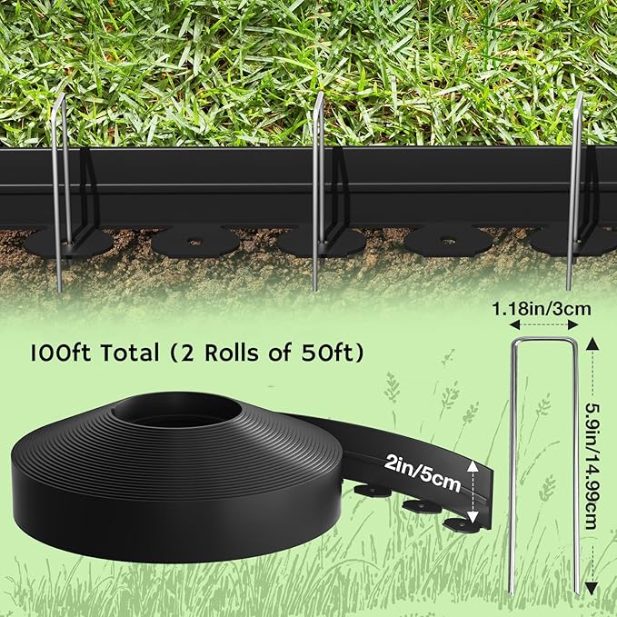 Bluepro Landscape Edging, 2 Inch 100 ft Garden Border Edging Upgraded with 150 Steel Stakes (Strong) & Reinforced Design - Durable Plastic Garden Border for Flower Beds, Lawn & Yard
