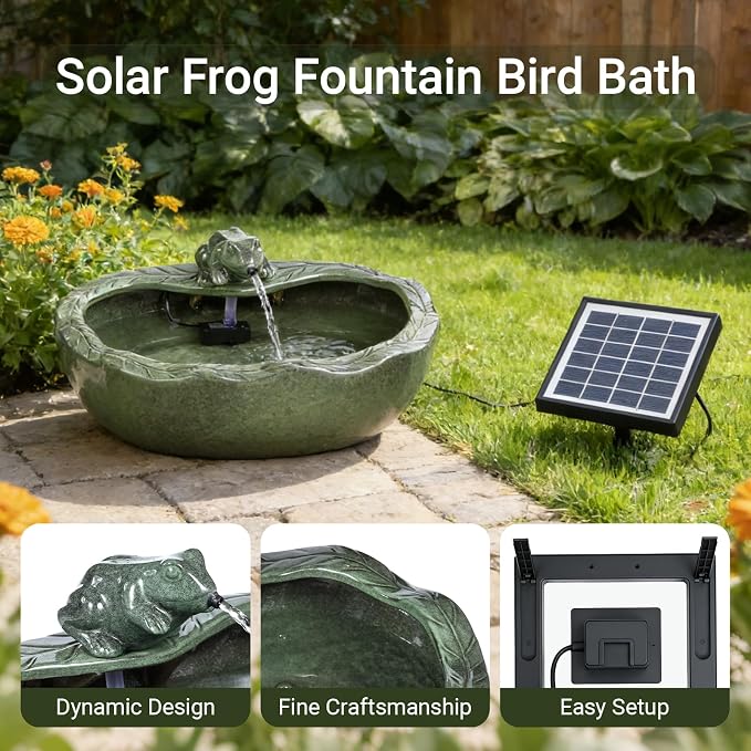 Ceramic Solar Water Fountain Outdoor – 11" Glazed Frog Solar Garden Fountain, Solar Powered Fountain for Garden, Patio, Yard, Tabletop