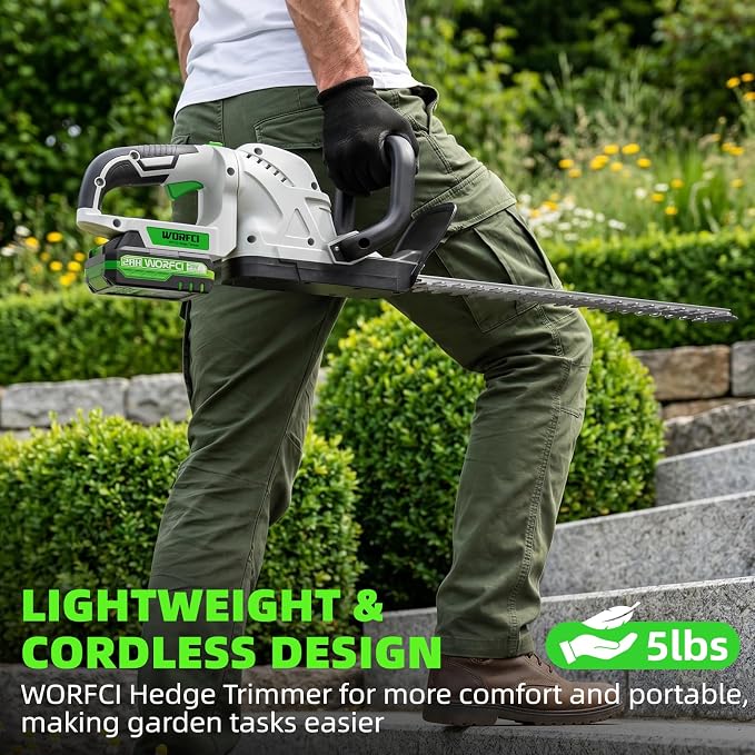 20-Inch Cordless Hedge Trimmer (Includes 2 Batteries and Charger), Electric Handheld Bush Trimmer, 180° Rotatable Handle, Grass Shrub Trimmers, Lightweight & Compact White