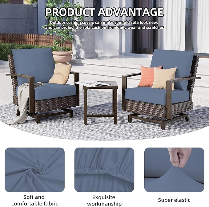 8Pcs Outdoor Cushion Covers, Patio Cushion Covers,Stretch Elastic Slipcovers, Replacement Washable & Reusable Furniture Protector for Patio Couch (Grey Blue,Cover Only)