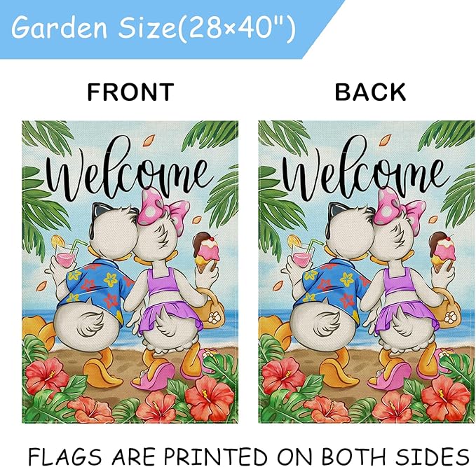 Selmad Welcome Summer Cartoon Duck Decorative House Flag, Beach Coastal Hibiscus Flower Tropical Home Yard Garden Outdoor Decor, Hawaii Nautical Seasonal Large Outside Decoration Double Sided 28 x 40