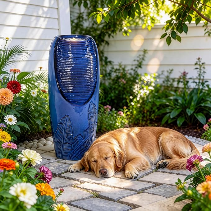 AUTODAYA 33" Tall Outdoor Garden Fountain with LED Lights, Modern Ceramic Jar Water Fountain, 3D Tropical Leaf Pattern, Cobalt Blue Glaze, Soothing Cascading Waterfall for Relaxing Patio, Yard, Porch