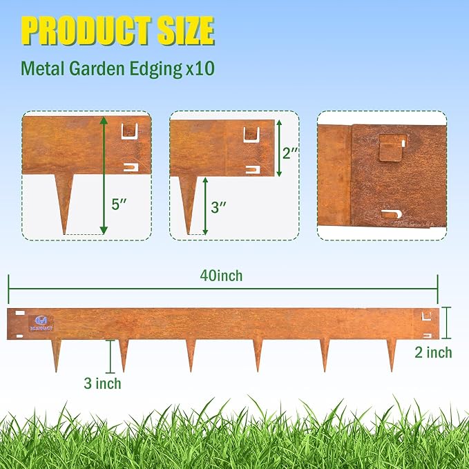 33ft.Metal Edging for Landscaping, 5 Inch Rusted Steel Lawn Edging with Gloves, Bendable Hammer-in Outdoor Cor-Ten Steel Landscaping Edging for Garden, Yard, Park, Lawn (10 Pack,40" L x 5" H)