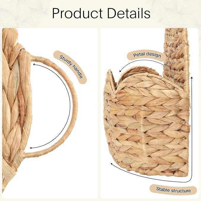 2 PC Door Basket Scalloped Hanging Storage Basket,Water Hyacinth Woven Wall Baskets for Front Door Decor, Hangable Storage Organize for Flowers,Planter,Mails,Wicker Baskets for Organizing -Braided & L
