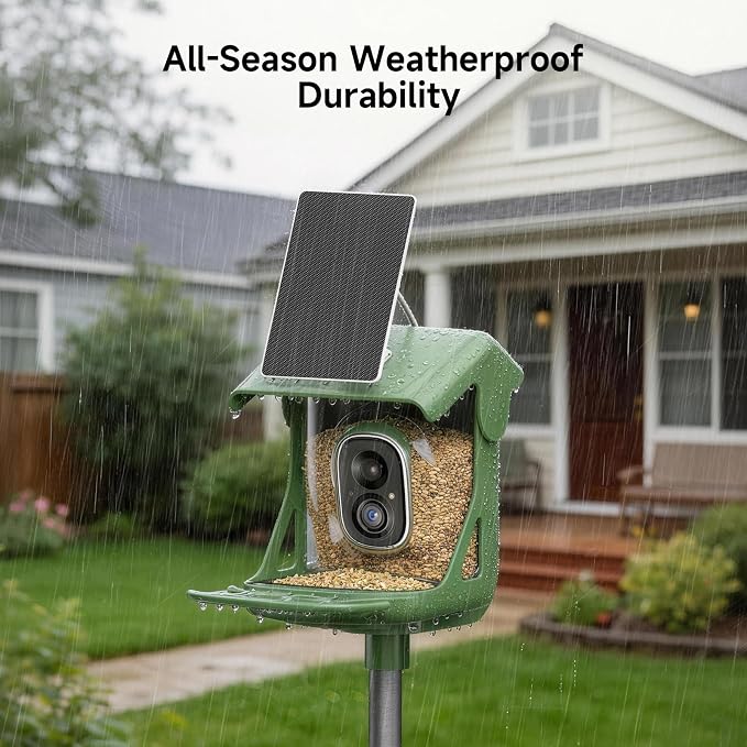 Smart Bird Feeder with Camera - Solar Powered, AI Bird Recognition, 2.4G WiFi 2.5K HD Video Live Stream, Full Color Night Vision, Instant Arrival Alerts, Weatherproof Bird House for Outside