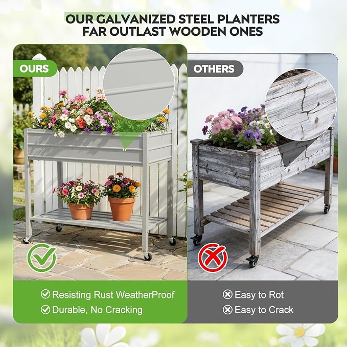 32" Tall Galvanized Raised Garden Bed with Legs Wheels & Shelf, Elevated Planter Box Outdoor for Vegetables, Herbs & Flowers, Patio & Backyard, Garden Bed with 400lb Capacity，Grey