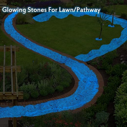 2LB 500PCS Glow in The Dark Pebbles Outdoor Glow Stones for Driveway Yard Grass Blue Decorative Stones for Garden Glow Rocks for Lawn Landscape Decor,Blue (0.8”)