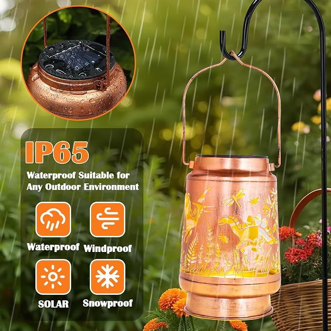 Solar Lanterns Outdoor Waterproof, Dinosaur Garden Decor Lights, Metal Hanging Solar Powered Lantern for Patio Yard Pathway, Unique Dinosaur Gifts for Women Men