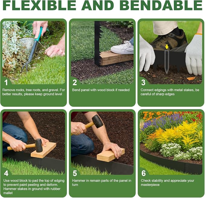 Metal Landscape Edging Border 15 Packs 42'' L x 5.5'' H, Galvanized Steel Garden Edging Border with 15 Stakes, Hammer-in Lawn Edging for Landscaping, Flower Bed, Yard, Pathway, Tree Ring(52ft Total)