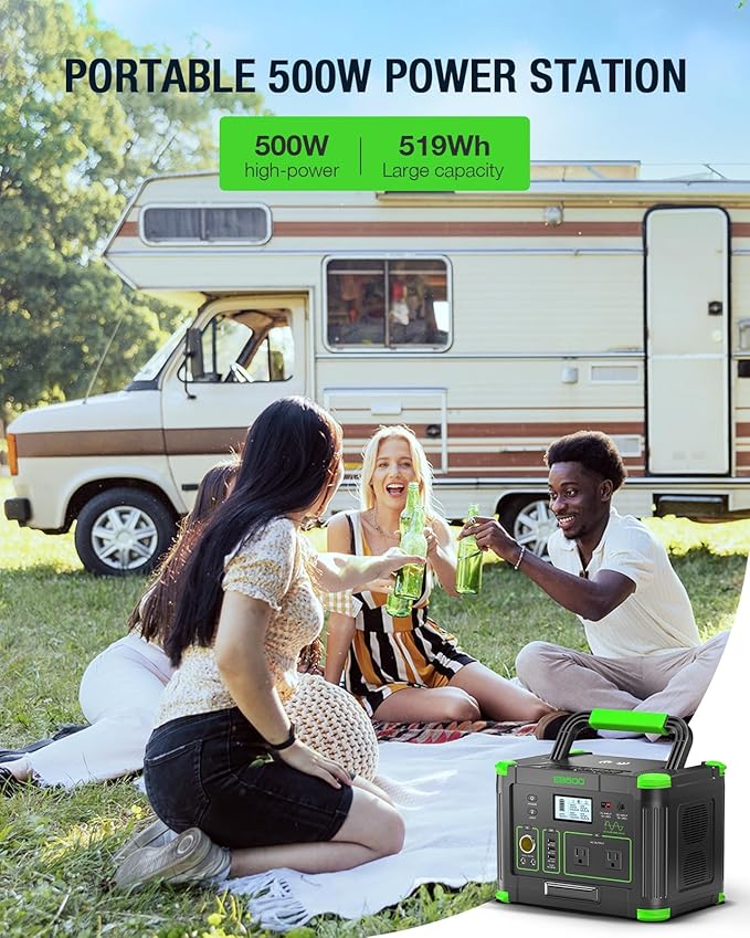 500W Portable Power Station, Solar Generator 519Wh (Peak 1000W) Lithium Battery Power Generator with 2 * 110V AC Outlets, Mobile Battery Backup Pack for RV Trip Camping, Outdoor Adventure, Home