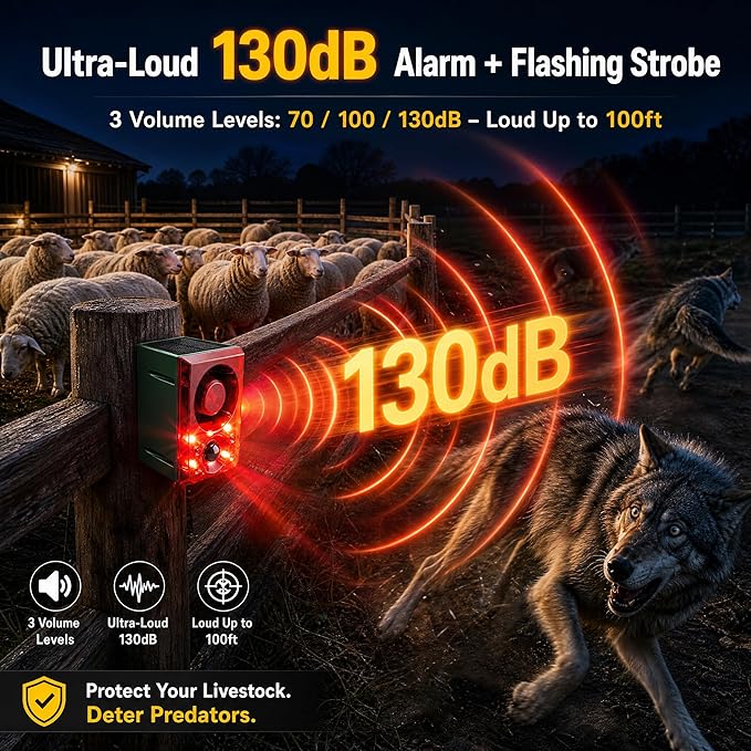 ChunHee Solar Outdoor Motion Sensor Alarm with Dog Barking Gunshot Sound, Support Recording and Adjustable Volume, 130db Loud Noise Maker 3 Work Modes Strobe Light for Home, Villa, Farm, Barn (3pack)