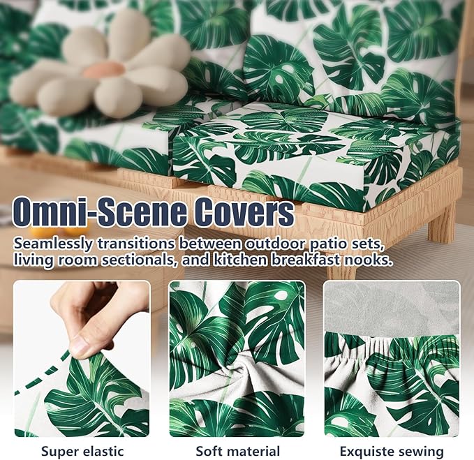 14Pcs Patio Stretch Cushion Covers, Outdoor Couch & Sofa Replacement Slipcovers for Patio Furniture Cushion Covers, Washable Reusable Furniture Protector, Square Large, Green Leaf