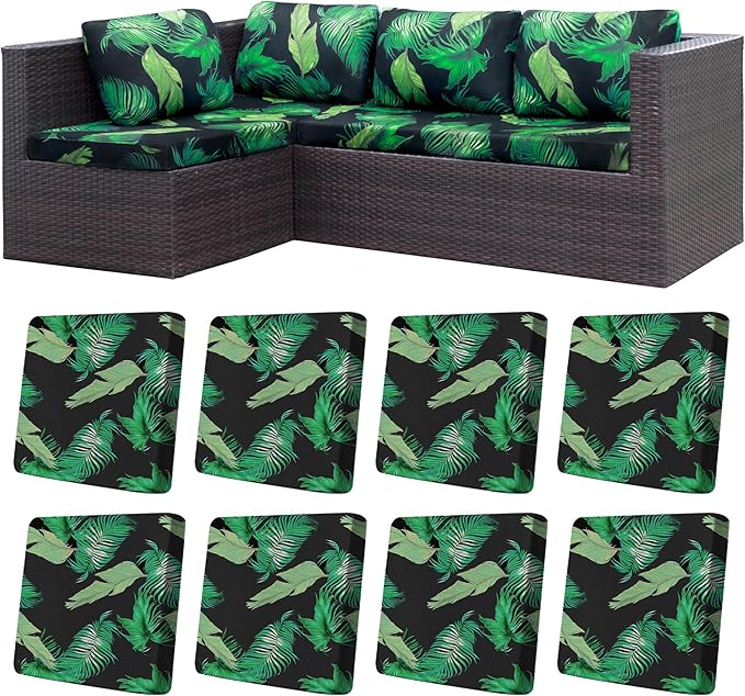 BIETYONE 8Pcs Stretch Patio Cushion Covers,Outdoor Couch Covers Replacement,Outdoor Couch & Sofa Slipcovers,for Patio Furniture Cushion Covers,Washable Reusable urniture Protector(Green Leaf,8PCS)