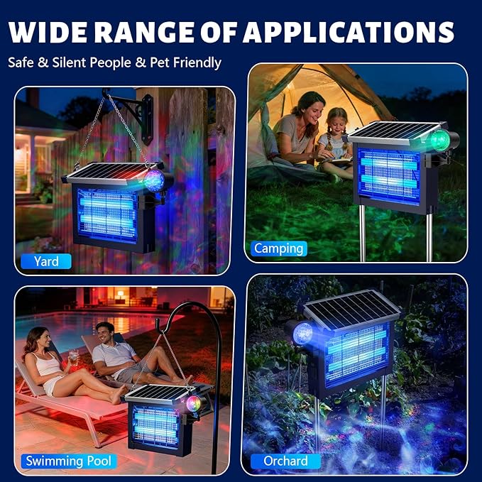 Solar Bug Zapper Outdoor 4500V, 2-in-1 Rechargeable Mosquito Zapper with Projection Light, IP66 Waterproof Cordless Electric Fly Zapper Indoor with Type-C Charging for Patio, Yard & Camping