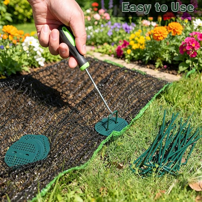 FEED GARDEN 6 Inch 200 Pcs Galvanized Landscape Staples 200 Pcs Gaskets Pick Hook Garden Stakes 11 Gauge Anti-Rust Landscaping Fabric SOD Pins U Shaped Yard Turf Stakes for Weed Barrier Fabric Green