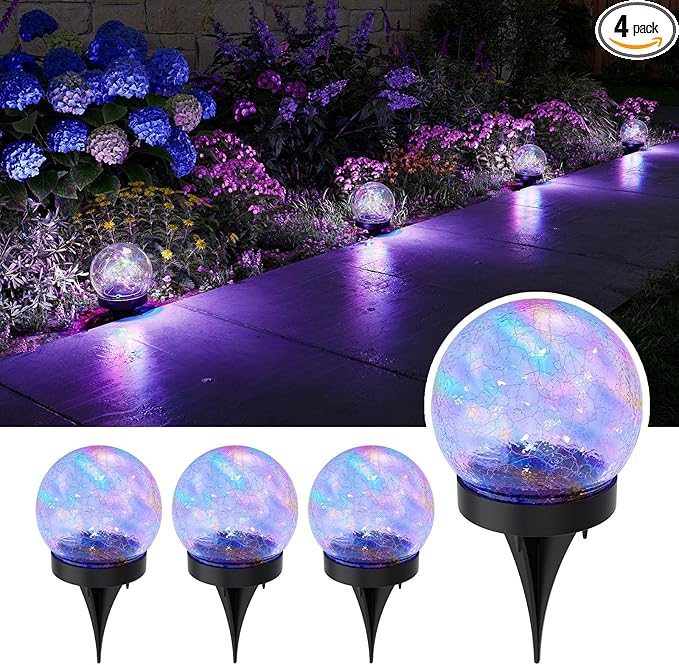 4 Pack Multicolor Solar Powered Cracked Glass Ball Lights Outdoor Waterproof LED RGB Ambiance Orbs Lamps for Outside Garden, Patio, Table, Walkway, Stairs, Lawn, Landscape Decor with Durable Stakes
