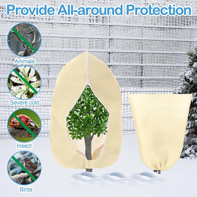 12 Pack Winter Plant Covers Freeze Protection 2 Size 47" x 32" and 24" x 32" Winter Frost Cloths Blankets with Zipper Drawstring Tree Covers for Outdoor Plants Shrubs Potted Trees(Beige)