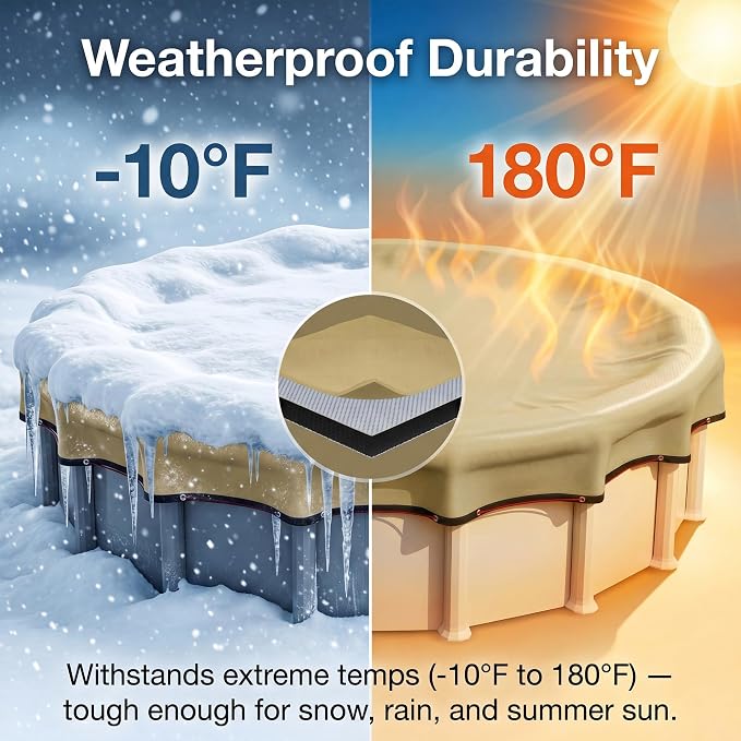 [Ultra Thick] 28FT Round Winter Pool Covers for Above Ground Pool Covers Easy Install 195GSM 500D,UV & Tear Resistant, Upgraded Heavy-Duty Winch, Reinforced Edges,Extra 4Ft Overlap Beige