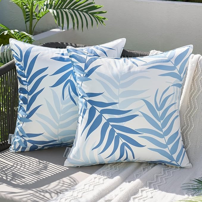 MIULEE Pack of 2 Decorative Outdoor Waterproof Throw Pillow Covers Patio Pillow Cases Natural Leaves Pattern Spring Square Cushion Shams Shell for Garden Balcony Couch 18x18 Inch, Light Blue