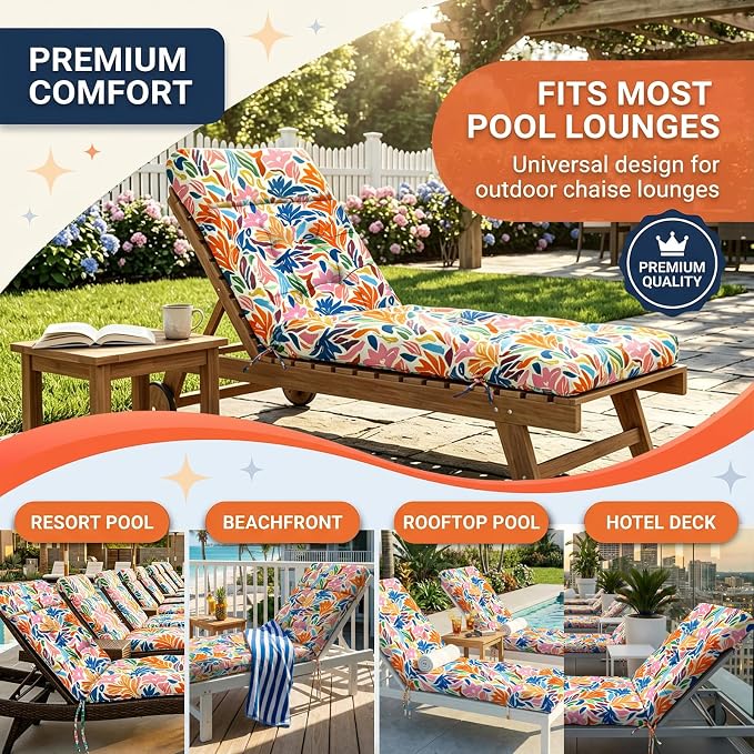 MAGIC ELEPHANT Chaise Lounge Cushion Outdoor, Memory Foam Patio Lounge Chair Cushion with Ties for Outdoor Furniture, 74 x 22 x 4 Inch (Multicolor Leaves)