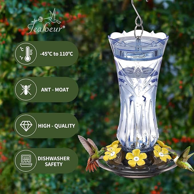 Jealoeur Hummingbird Feeder for Outdoors Hanging, 18 OZ Humming Birds Feeders with 6 Bee Guard Feeding Ports & Built-in Ant Moat, Easy to Clean, Durable Outdoor Garden Decor, Blue