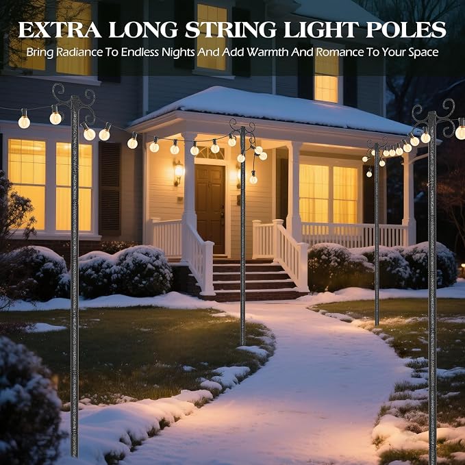 2 Pack Outdoor String Light Poles, 3M/10FT Adjustable Height Metal Lights Hanging Pole with 4 Hooks and Rustproof, for Patio Garden Deck Backyard Lawn Sunshade and Decor