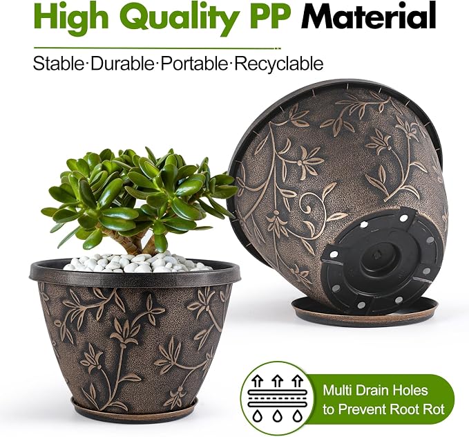 Nooulap 4 Pack 16 Inch Plant Pot with Drainage Hole, Plastic Large Indoor Outdoor Planter, Decorative Flower Pot for Patio, Garden & Front Porch, with Gold Flower Partten (Retro Brown)