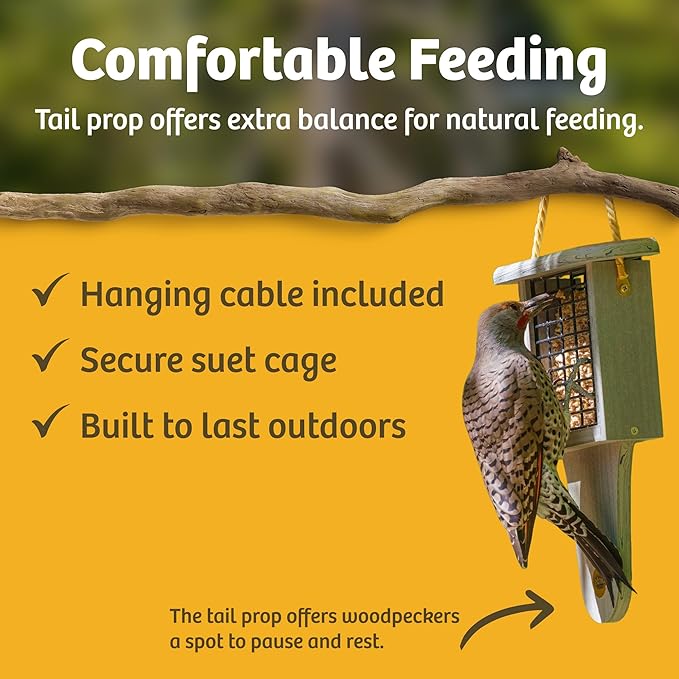 Birds Choice Suet Feeder with Tail Prop, Holds 1 Suet Cake | Hanging Suet Bird Feeder with Roof, Woodpeckers, Jays, Nuthatches | Sturdy for Garden & Backyard | Taupe & Brown, 8"L x 3"W x 12"H