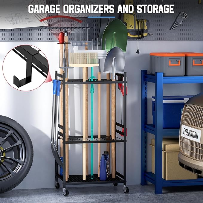 DAOUTIME Garden Organizer With Wheels, Yard Tower Rack for Garage Storage, Up to 35 Long-Handled Tools, Sturdy Metal Steel Holder With 3 Hooks, Outdoor, Black