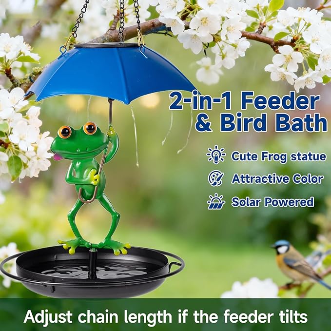 Solar Bird Feeders for Outdoors Hanging Garden Decor - Metal Frog Outdoor Figurine Solar Lights Hummingbird Feeder, Waterproof Wild Bird Feeders Garden Gifts for Women, Mom