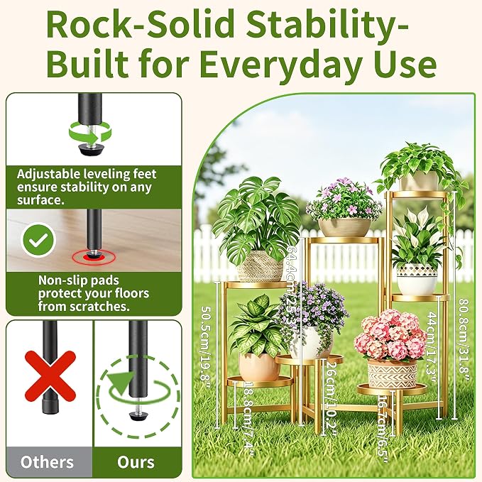 Stand Plants Gold, 7 Tiered Corner Plant Stand Indoor Outdoor, Tall Folding Rack with Rust Proof 7.9 Inch Wide Tray, Heavy Duty Flower Shelf for Multiple Plants for Patio - GoldDisk
