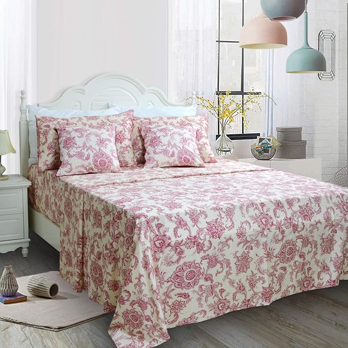 FADFAY Red Floral Bedding Elegant Bed Sheets Set Luxury Bedding Collections 800 Thread Count 100% Egyptian Cotton Deep Pocket Fitted Sheet,4 Piece-Twin XL Size