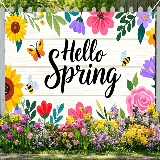 BlissYard Hello Spring Backdrop Decoration Floral Garden Banner 8x6ft Spring Photo Backdrop Flower Background for Spring Party Easter Celebration Photo Booth Kids Event Wall Display