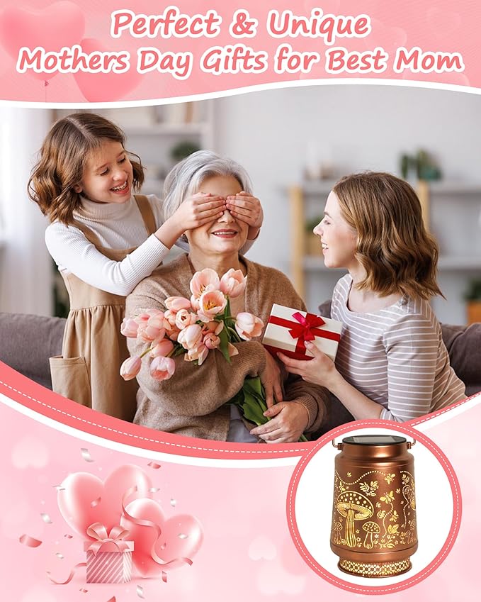 Mushroom Gifts for Women Mushroom Decor Solar Lantern Birthday Gifts Mothers Day Gifts for Mom Grandma Sister Friend Garden Decor Metal Solar Lights Outside Decor for Backyard Patio Porch Lawn Pathway