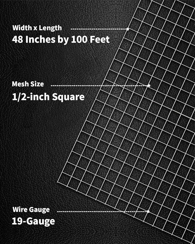 Hardware Cloth 1/2 inch 48 x 100 Ft 19 Gauge - Hot Dip Galvanized After Welding - Chicken Wire Fencing Gopher Wire Mesh Roll Garden Fence Wire Mesh Fence
