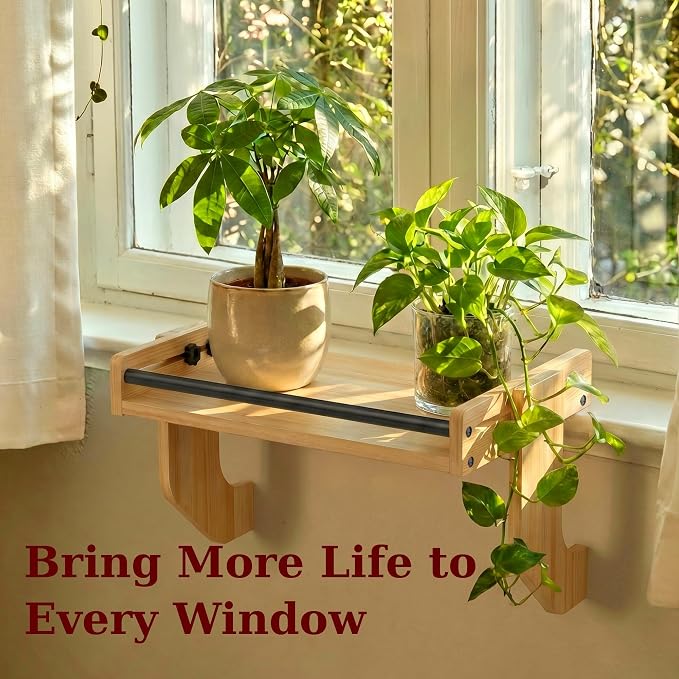 THYGIFTREE Window Sill Plant Shelf Extender, No Drill Adjustable Windowsill Shelf for Plants, Renter Friendly Window Shelf for Indoor Plants, Solid One-Piece Board, Holds Up to 30 lbs